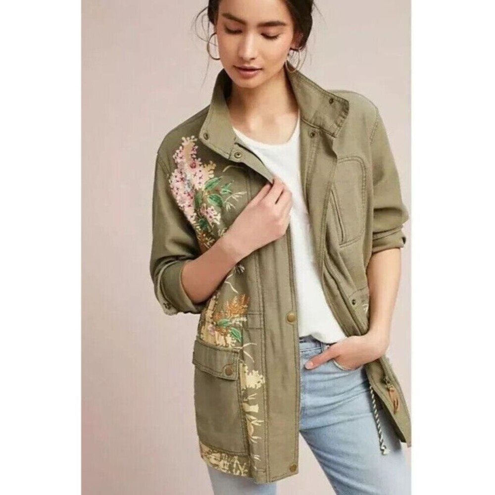 Anthropologie Women's Embroidery Beaded Anorak Jacket Army Green Size S